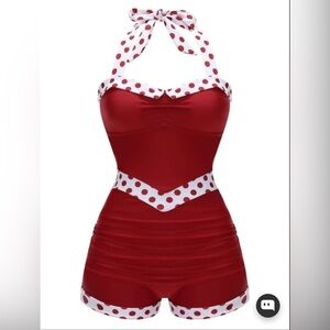 Brand New Retro Stage Red 1940S HALTER PATCHWORK ONE-PIECE SWIMSUIT - MEDIUM